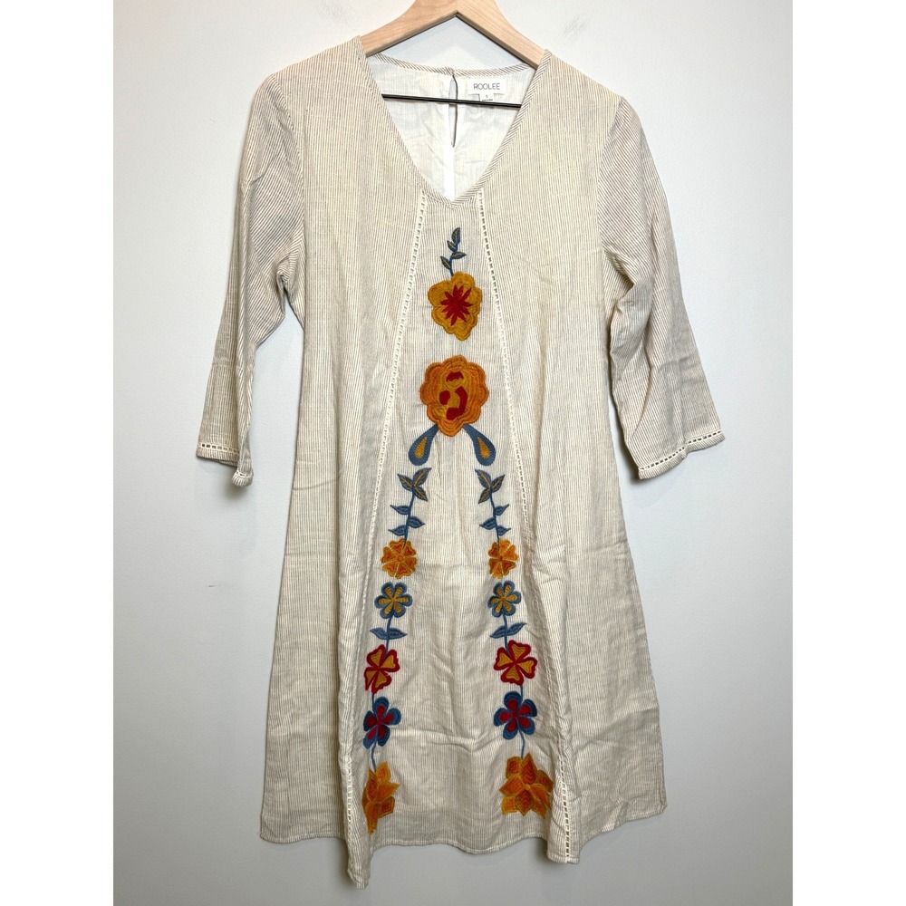 Roolee S 100% Cotton Embroidered Flower Cream Striped Dress Boho Cottage Lace